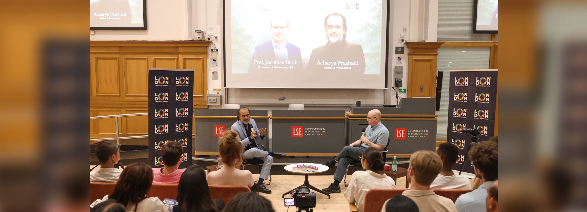 Acharya Prashant with Professor Birch at the London School of Economics during the UK Tour 2026