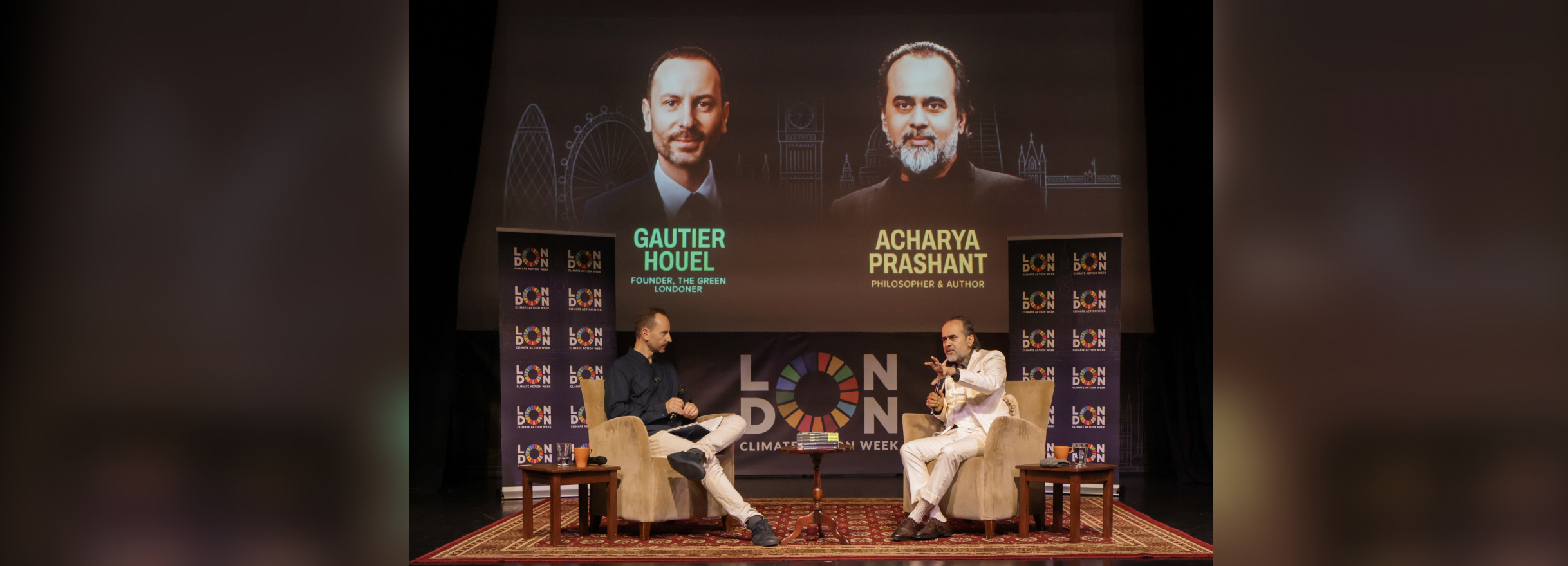 Acharya Prashant at London Climate Action Week with Gautier Houel during the UK Tour 2026